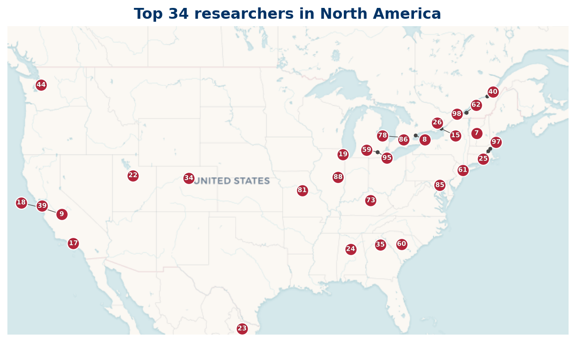 Map of North America Top 100 researchers