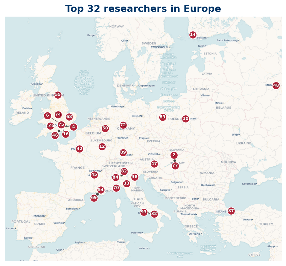 Map of Europe Top 100 researchers
